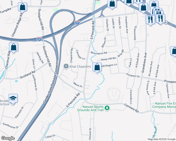 map of restaurants, bars, coffee shops, grocery stores, and more near 156 South Pascack Road in Nanuet