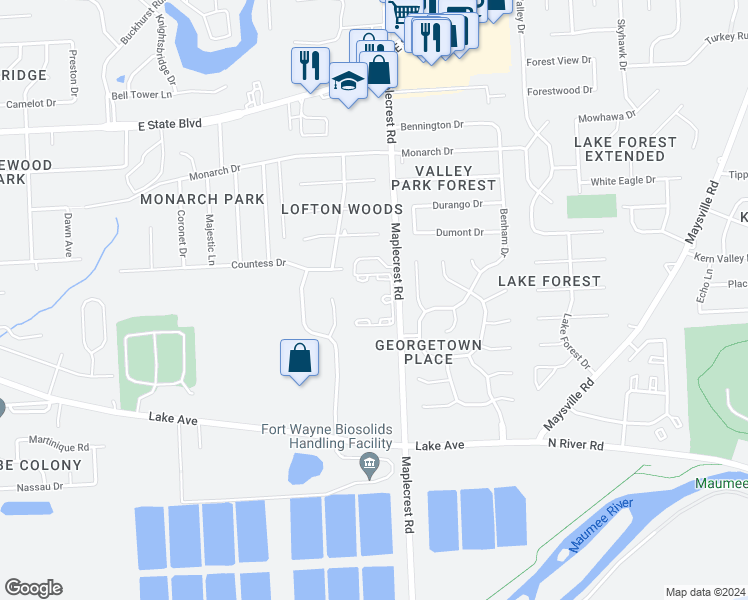 map of restaurants, bars, coffee shops, grocery stores, and more near 1717 Maplecrest Road in Fort Wayne