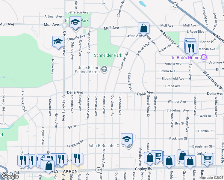 map of restaurants, bars, coffee shops, grocery stores, and more near 426 Dorchester Road in Akron