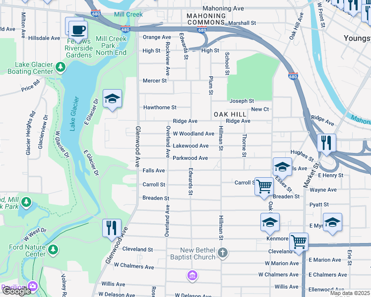 map of restaurants, bars, coffee shops, grocery stores, and more near 911 Lakewood Avenue in Youngstown