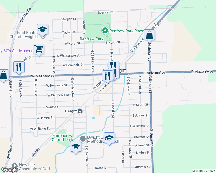 map of restaurants, bars, coffee shops, grocery stores, and more near 136 East Main Street in Dwight