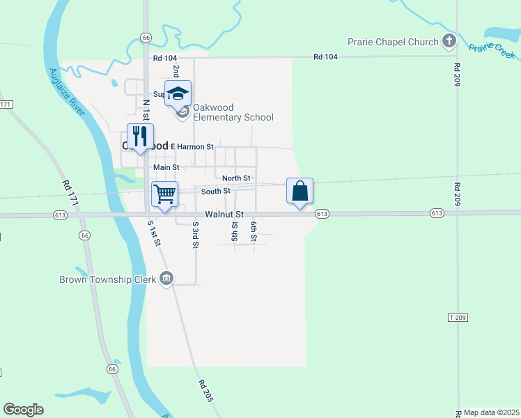 map of restaurants, bars, coffee shops, grocery stores, and more near 600 Walnut Street in Oakwood