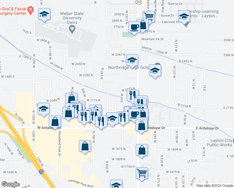 map of restaurants, bars, coffee shops, grocery stores, and more near 567 West 2275 North in Layton