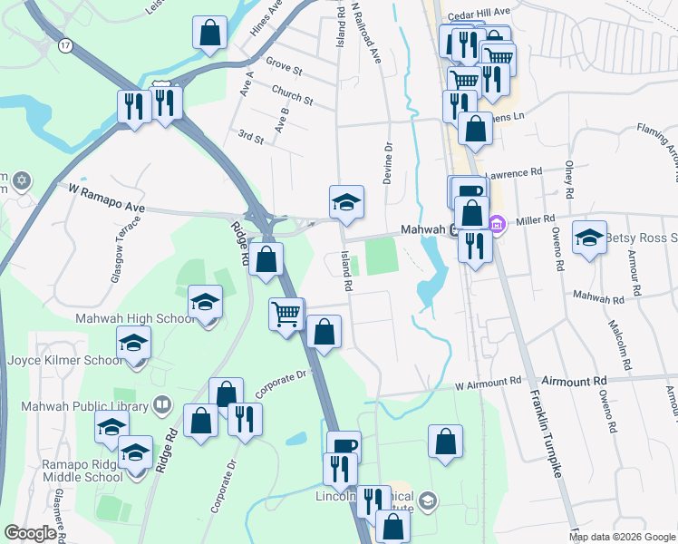 map of restaurants, bars, coffee shops, grocery stores, and more near 26 Beehive Court in Mahwah