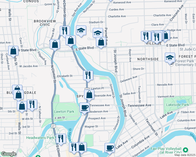 map of restaurants, bars, coffee shops, grocery stores, and more near 1945 Griswold Drive in Fort Wayne