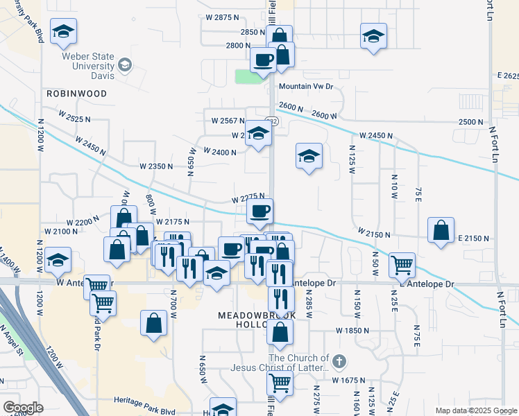 map of restaurants, bars, coffee shops, grocery stores, and more near 2245 North 450 West in Layton