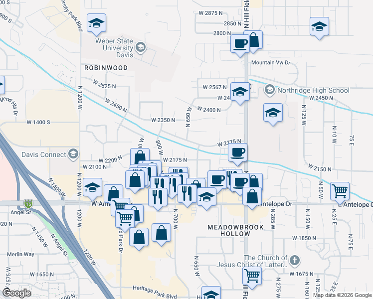 map of restaurants, bars, coffee shops, grocery stores, and more near 2207 North 650 West in Layton