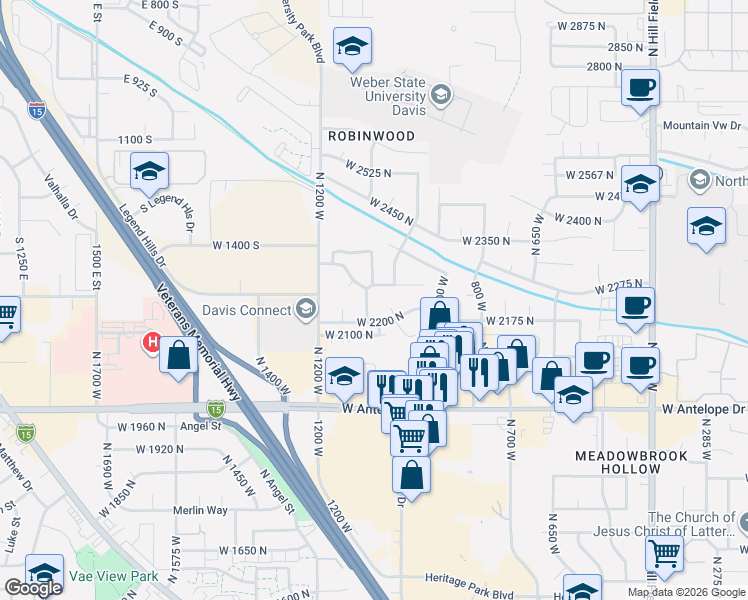 map of restaurants, bars, coffee shops, grocery stores, and more near 2220 North 1100 West in Layton