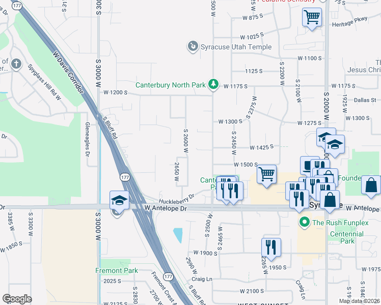 map of restaurants, bars, coffee shops, grocery stores, and more near 1481 South 2600 West in Syracuse