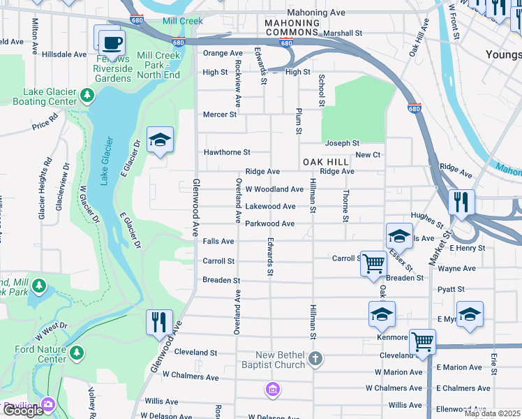 map of restaurants, bars, coffee shops, grocery stores, and more near 911 Lakewood Avenue in Youngstown