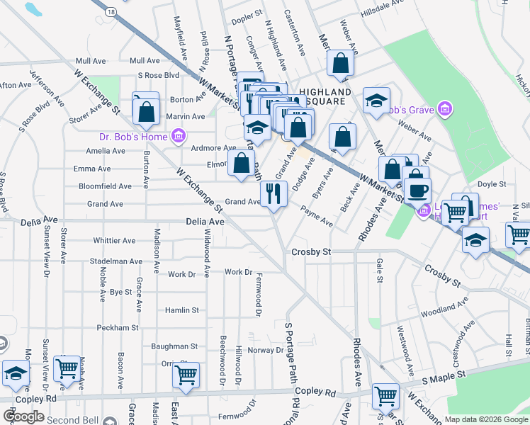 map of restaurants, bars, coffee shops, grocery stores, and more near 124 Hollinger Avenue in Akron