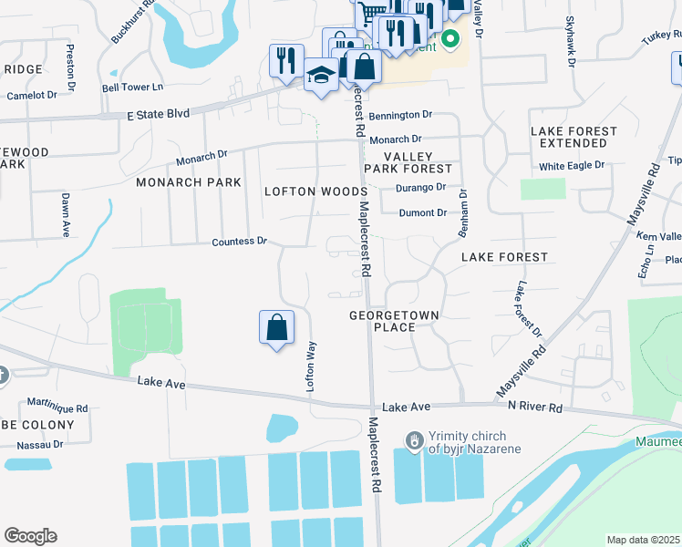 map of restaurants, bars, coffee shops, grocery stores, and more near 1717 Maplecrest Road in Fort Wayne