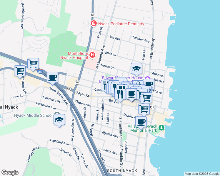 map of restaurants, bars, coffee shops, grocery stores, and more near 151 High Avenue in Nyack