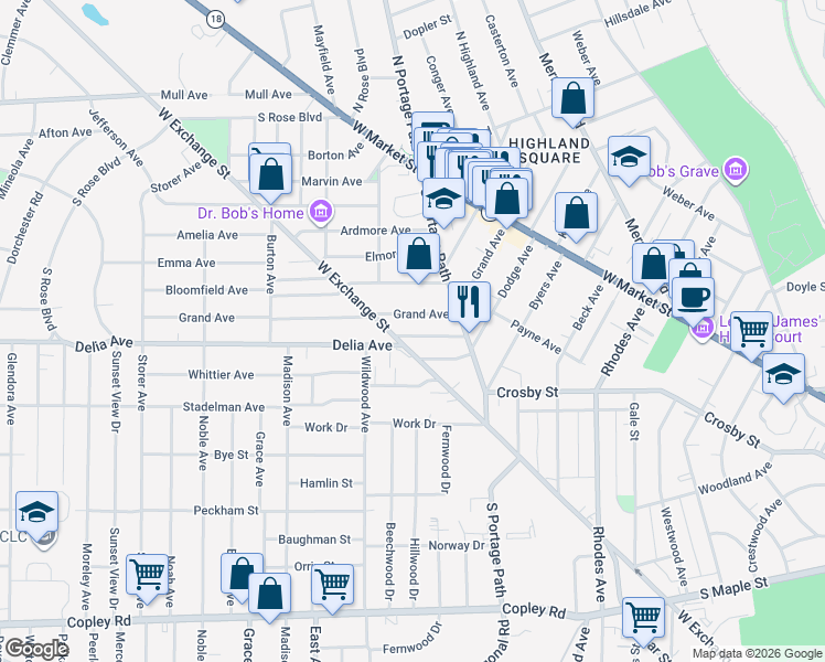 map of restaurants, bars, coffee shops, grocery stores, and more near 153 Hollinger Avenue in Akron