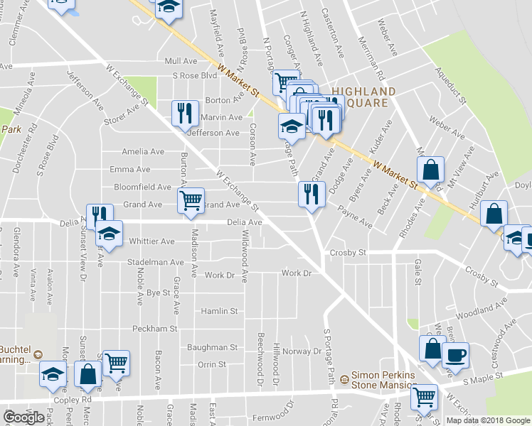 map of restaurants, bars, coffee shops, grocery stores, and more near 183 Hollinger Avenue in Akron