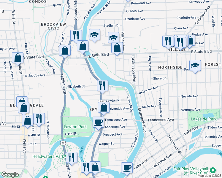 map of restaurants, bars, coffee shops, grocery stores, and more near 1953 Griswold Drive in Fort Wayne