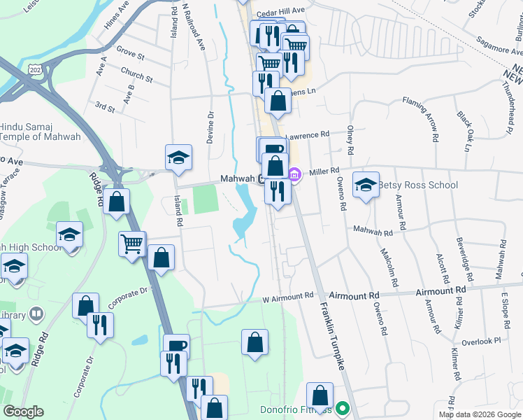 map of restaurants, bars, coffee shops, grocery stores, and more near 20 South Railroad Avenue in Mahwah