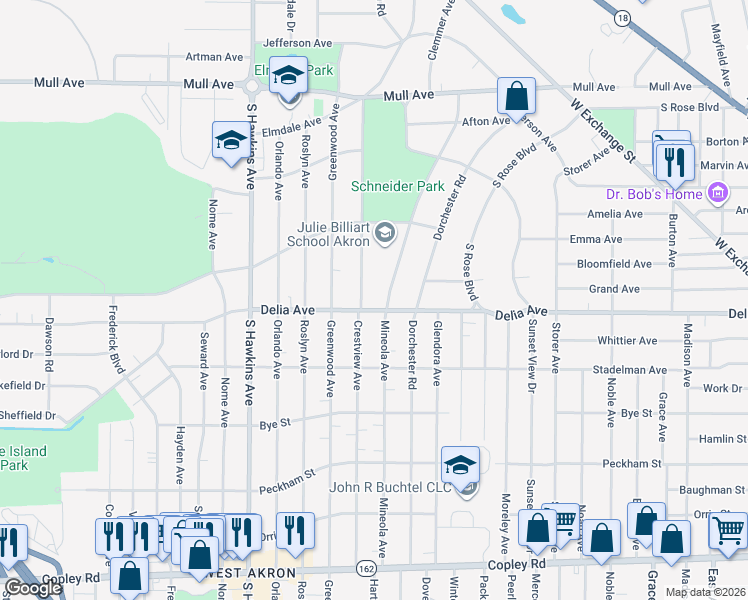 map of restaurants, bars, coffee shops, grocery stores, and more near 1327 Delia Avenue in Akron