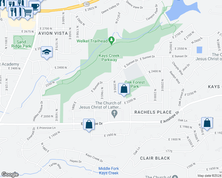 map of restaurants, bars, coffee shops, grocery stores, and more near 2272 North 1975 East in Layton