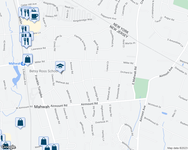 map of restaurants, bars, coffee shops, grocery stores, and more near 27 Beveridge Road in Mahwah