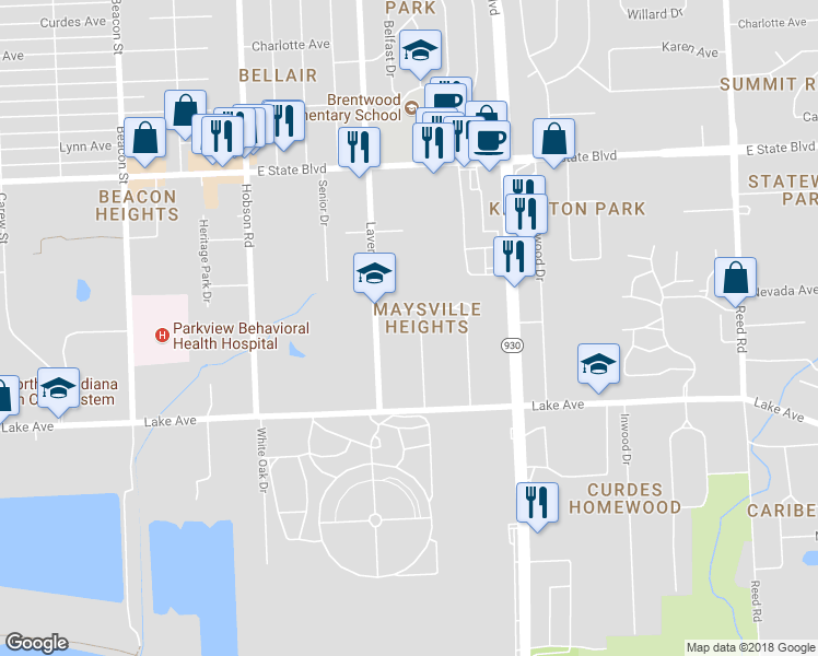 map of restaurants, bars, coffee shops, grocery stores, and more near 1715 Stanley Avenue in Fort Wayne