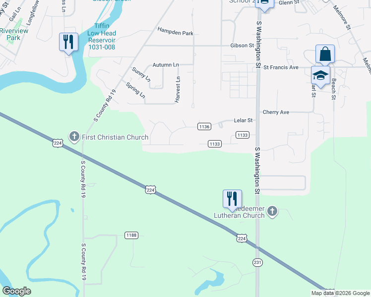 map of restaurants, bars, coffee shops, grocery stores, and more near 360 West Jamestown Avenue in Tiffin
