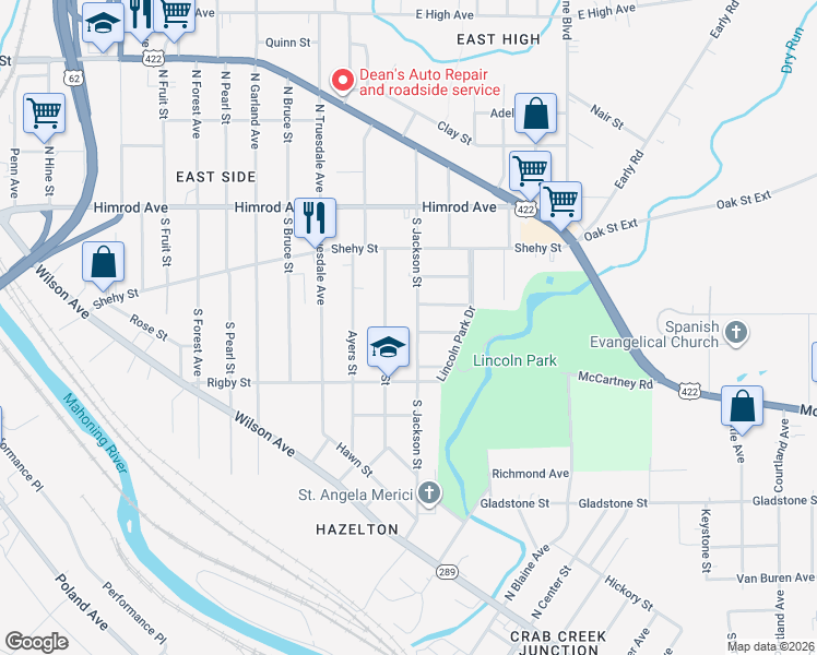 map of restaurants, bars, coffee shops, grocery stores, and more near 204 South Jackson Street in Youngstown