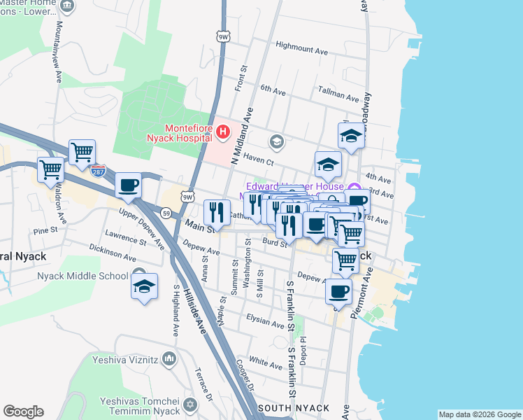 map of restaurants, bars, coffee shops, grocery stores, and more near 153 High Avenue in Nyack