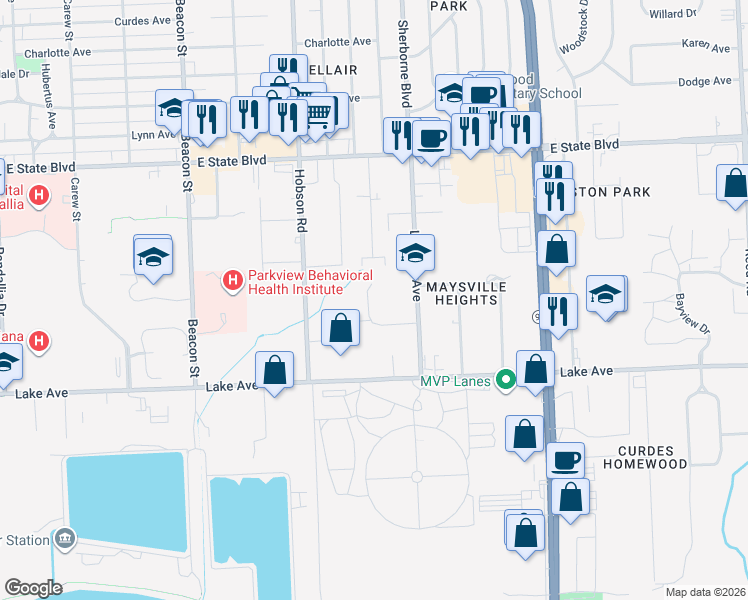 map of restaurants, bars, coffee shops, grocery stores, and more near 1801 Laverne Avenue in Fort Wayne