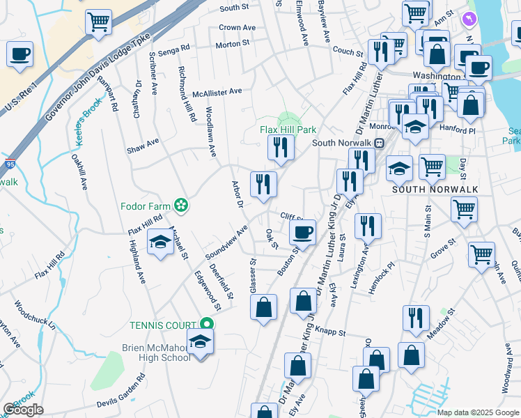 map of restaurants, bars, coffee shops, grocery stores, and more near 26 Soundview Avenue in Norwalk
