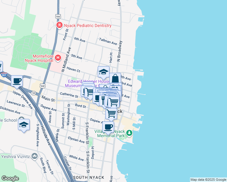 map of restaurants, bars, coffee shops, grocery stores, and more near 81 1st Avenue in Nyack