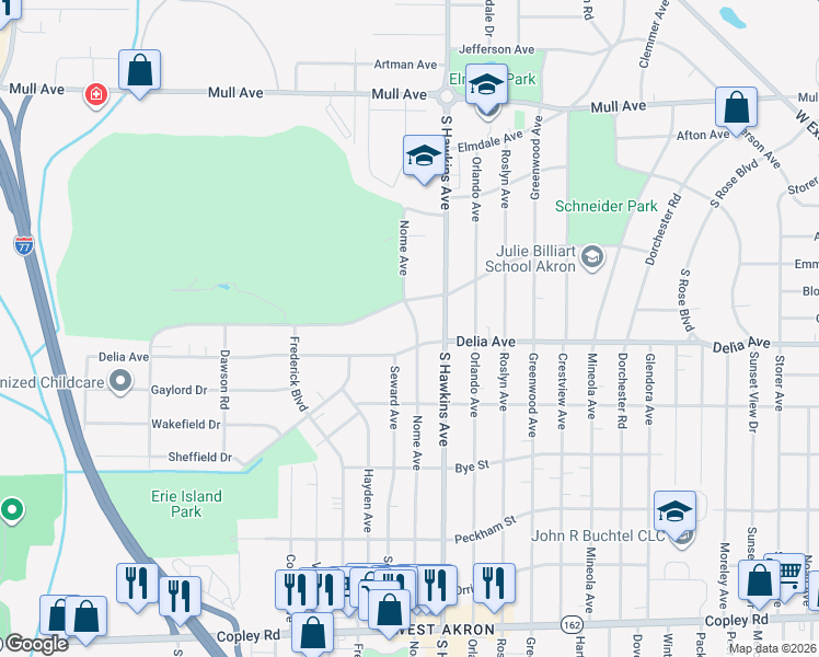 map of restaurants, bars, coffee shops, grocery stores, and more near 1531 Delia Avenue in Akron