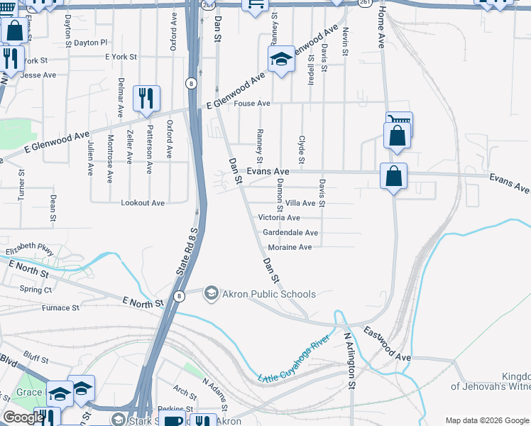 map of restaurants, bars, coffee shops, grocery stores, and more near 596 Victoria Avenue in Akron
