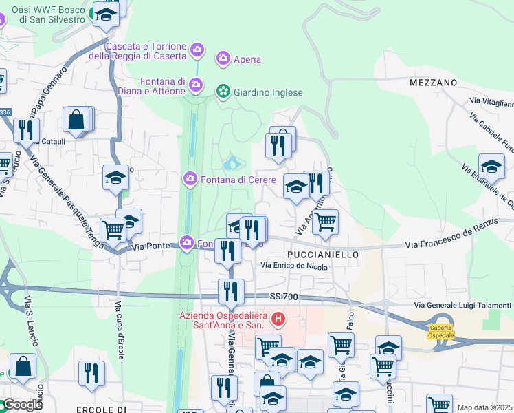 map of restaurants, bars, coffee shops, grocery stores, and more near 45 Via dei Giardini in Caserta