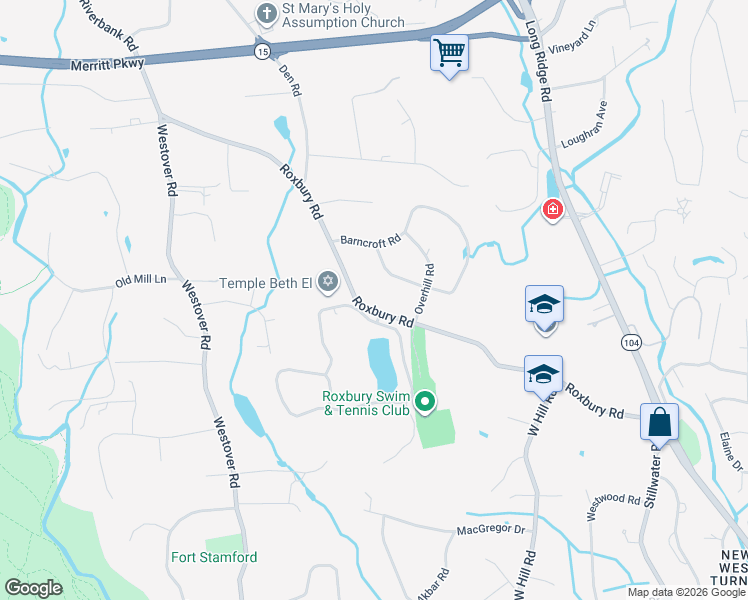 map of restaurants, bars, coffee shops, grocery stores, and more near 295 Roxbury Road in Stamford