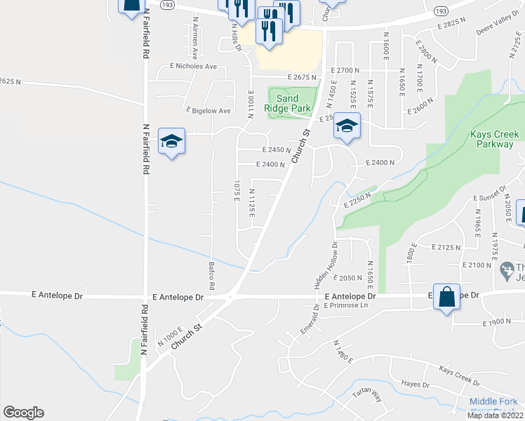 map of restaurants, bars, coffee shops, grocery stores, and more near 2267 Church Street in Layton