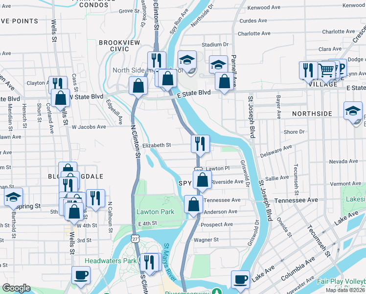 map of restaurants, bars, coffee shops, grocery stores, and more near 453 Nussbaum Avenue in Fort Wayne