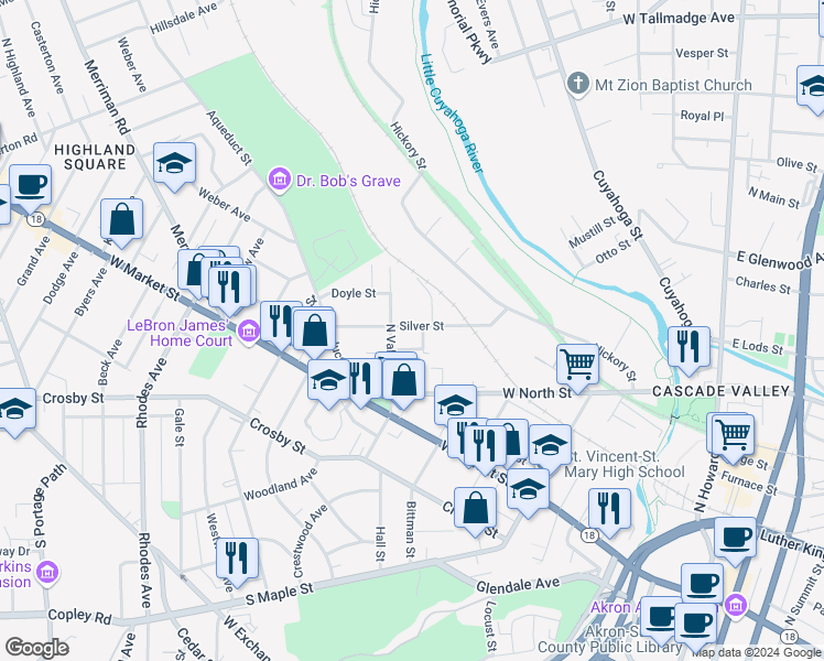 map of restaurants, bars, coffee shops, grocery stores, and more near 330 Silver Street in Akron