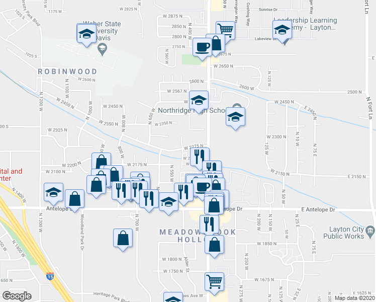 map of restaurants, bars, coffee shops, grocery stores, and more near in Layton