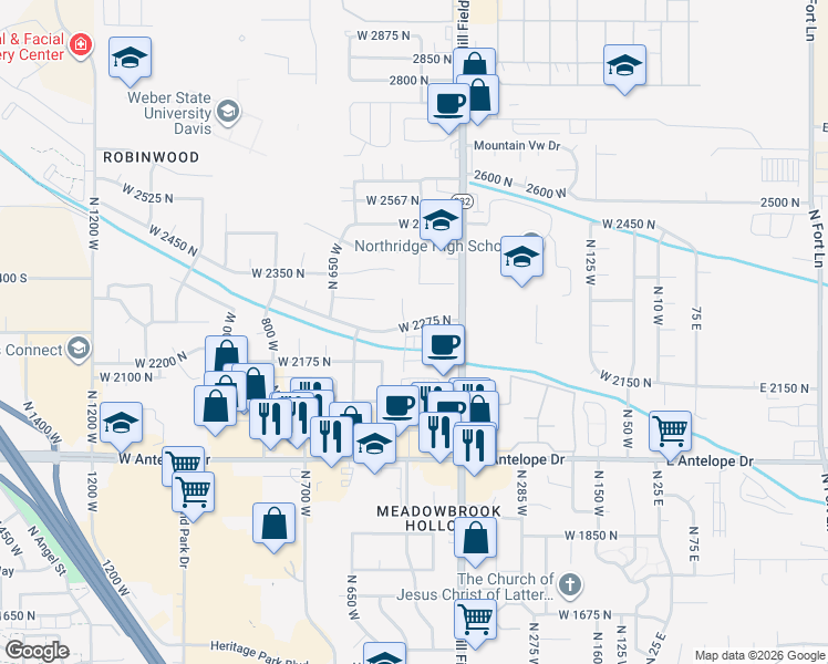map of restaurants, bars, coffee shops, grocery stores, and more near 2234 North 500 West in Layton