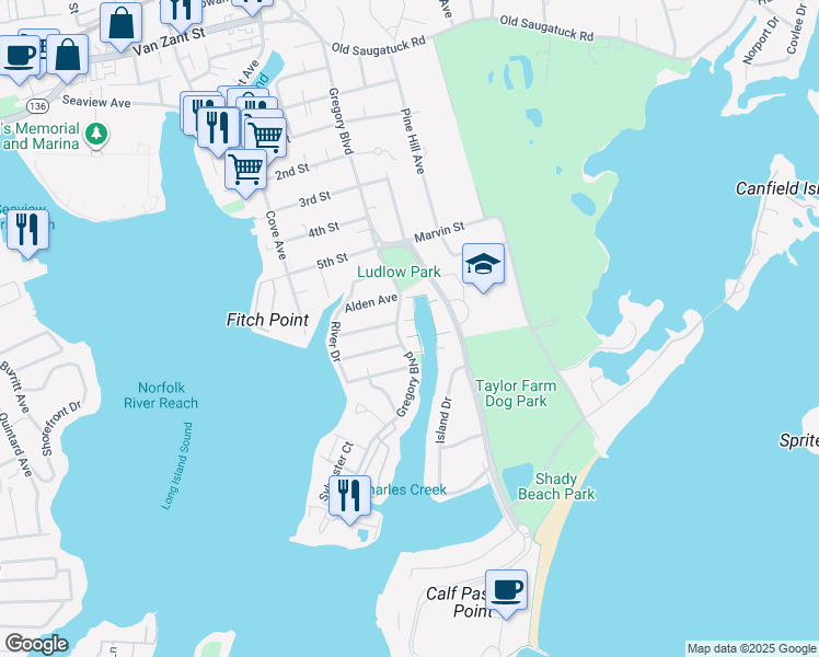 map of restaurants, bars, coffee shops, grocery stores, and more near 142 Gregory Boulevard in Norwalk