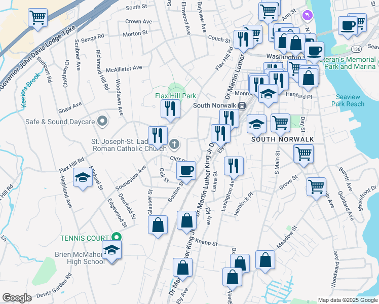 map of restaurants, bars, coffee shops, grocery stores, and more near 7 Paradiso Street in Norwalk