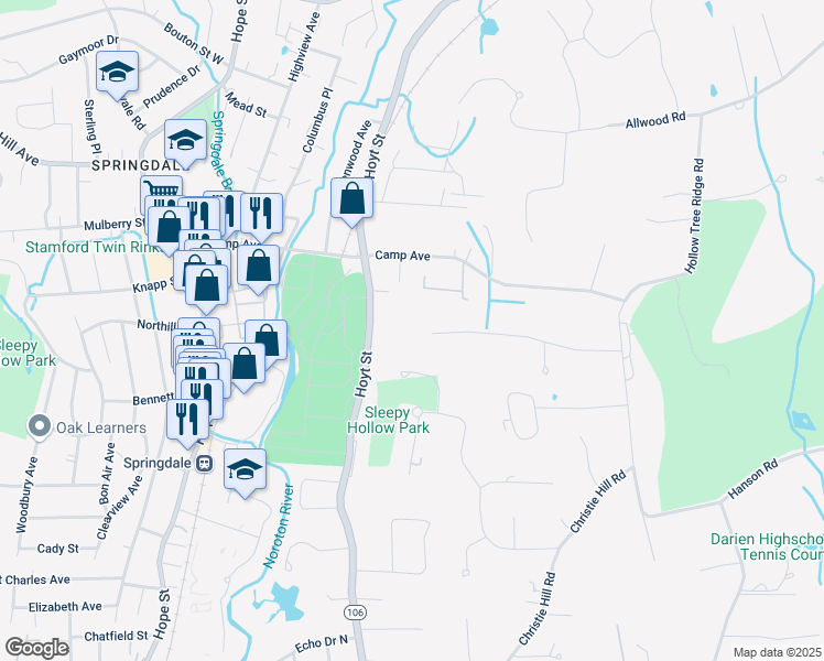 map of restaurants, bars, coffee shops, grocery stores, and more near 34 Stephanie Lane in Darien