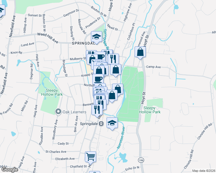 map of restaurants, bars, coffee shops, grocery stores, and more near 34 Fahey Street in Stamford