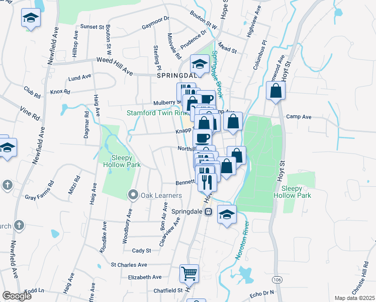 map of restaurants, bars, coffee shops, grocery stores, and more near 249 Knickerbocker Avenue in Stamford
