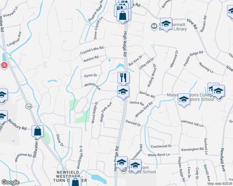 map of restaurants, bars, coffee shops, grocery stores, and more near 41 Ridge Park Avenue in Stamford