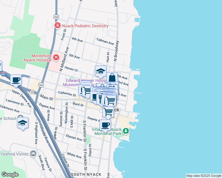 map of restaurants, bars, coffee shops, grocery stores, and more near 81 1st Avenue in Nyack