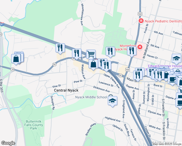 map of restaurants, bars, coffee shops, grocery stores, and more near 22 Upper Depew Avenue in Nyack