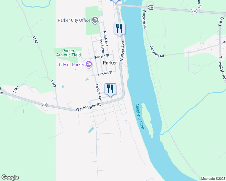 map of restaurants, bars, coffee shops, grocery stores, and more near 202 North Walnut Street in Parker