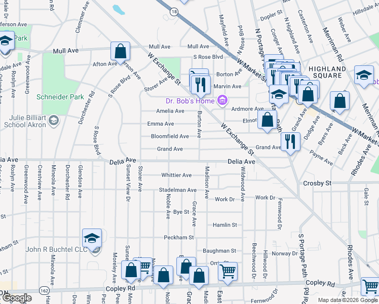 map of restaurants, bars, coffee shops, grocery stores, and more near 999 Delia Avenue in Akron